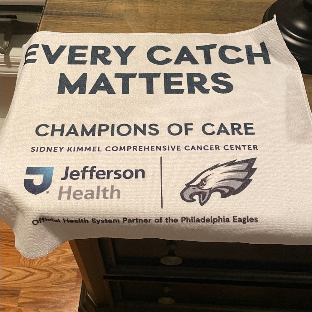 Eagles and Jefferson Health White Towel with Blue Print